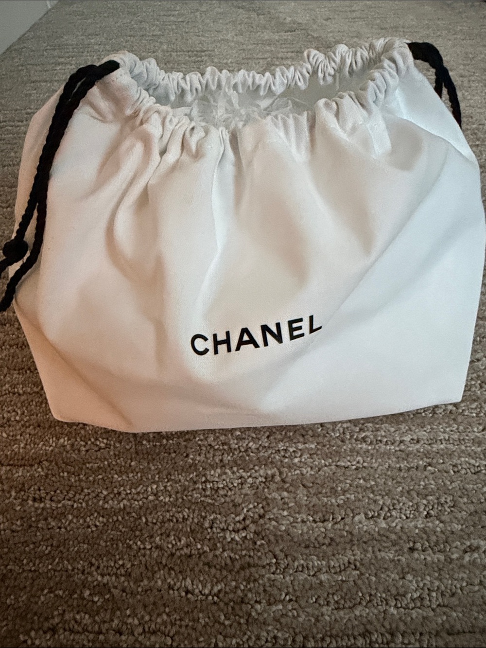 CHANEL White Drawstring Bag with Black Cord